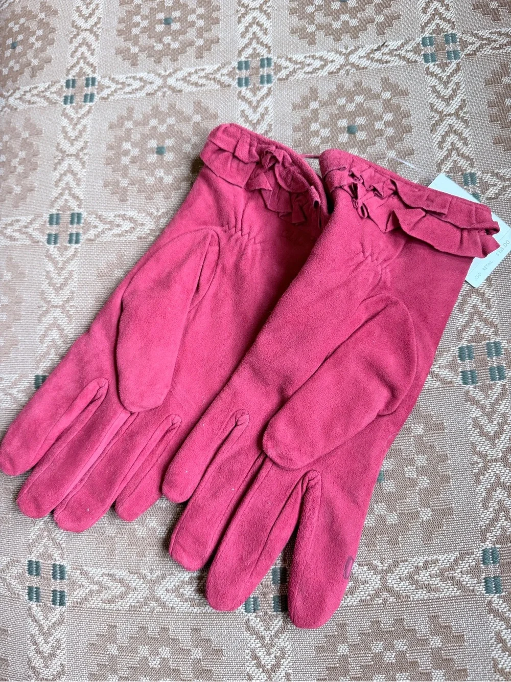 NWT Cole Haan Suede Double Ruffle Gloves Red Large